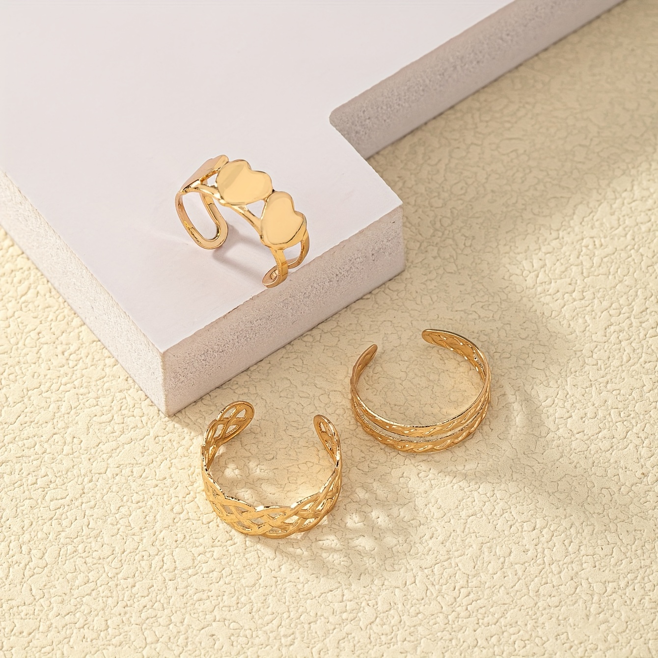 3pcs Love Heart Hollow Adjustable Toe Ring Set Casual Style Body Jewelry